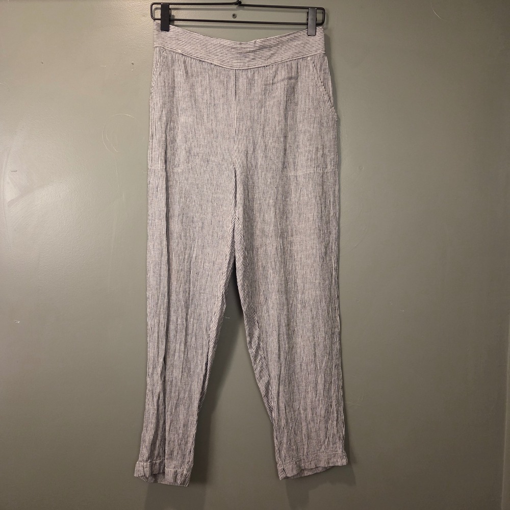 Max Studio Women's Linen Blend Tapered Leg Pants Stripes Size M White Black‎